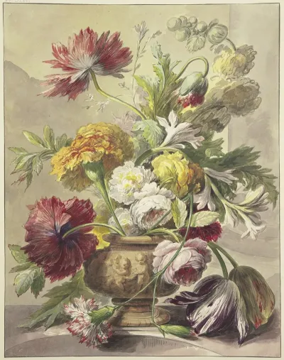 Blumenstraus In Einer Vase Mit Basrelief Von Mohn Rosen Tulpen Quer Uber Der Vase Hangt Eine Geknickte Nelke