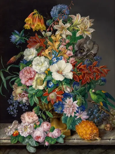 Blumenstuck Mit Ananas Weintrauben Und Papagei