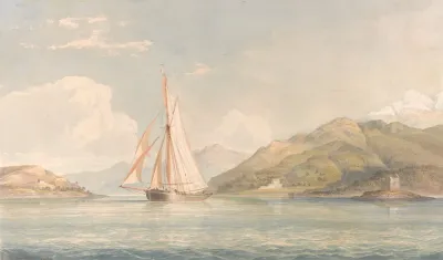 Boat Sailing To The Left With Mountains In The Background