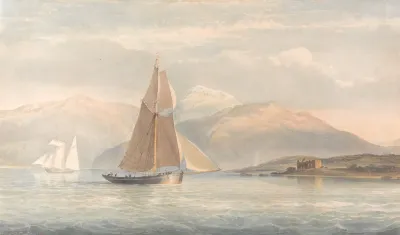 Boat Sailing To The Right With Mountains In The Background