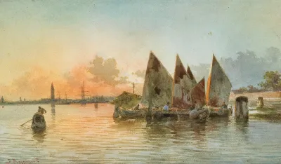 Boats In Front Of Venice In The Background S Giorgio Maggiore