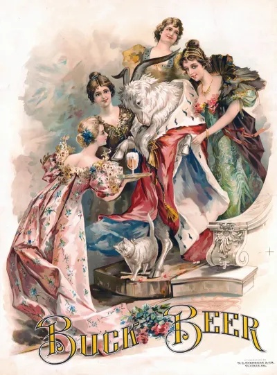Bock Beer A Goat Wearing A Royal Robe Being Waited On By Four Young Women