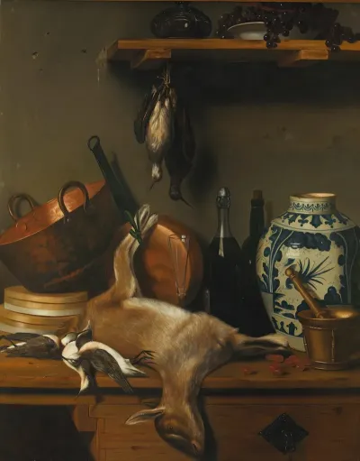 Bodegon Con Cabrito Cazos De Cobre Jarron De Talavera Y Chichicuilotes