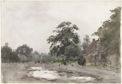 Boerderij Onder Hoge Bomen Met Water Op De Voorgrond