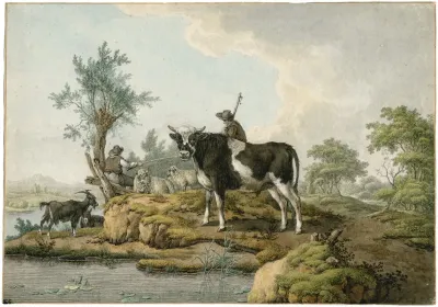 Boeren Met Jonge Stier En Ander Vee Langs Waterkant