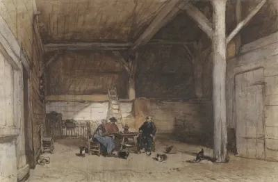 Boereninterieur Met Twee Mannen En Een Vrouw Aan Een Tafel Verder Enkele Kippen En Katten