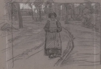 Boerenvrouw Op Een Pad In Een Boomrijke Omgeving