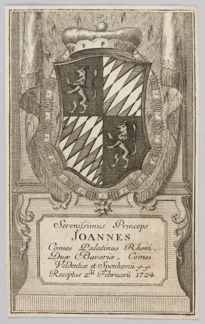 Bookplate Serenissimus Princeps Joannes Comes Palatinus Rheni Dux Bavariae Comes Veldentiae Et Sponhemii Receptus 2 Da Februarii 1724