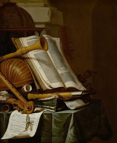 Books A Globe And Musical Instruments On A Draped Table