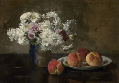 Bouquet Of Dahlias And Peaches On An Entablature