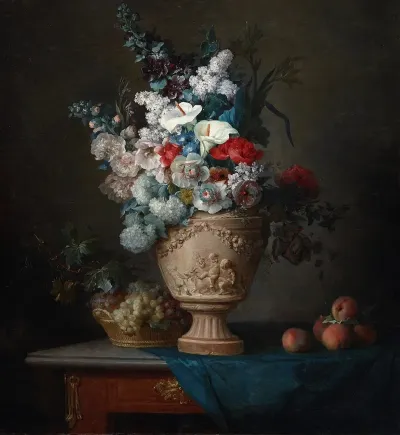 Bouquet Of Flowers In A Terracotta Vase With Peaches And Grapes
