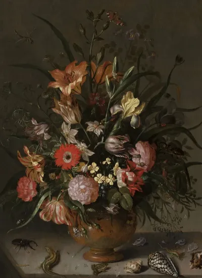 Bouquet Of Flowers In A Vase Insects And Tiny Creatures