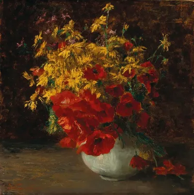 Bouquet Of Forest Flowers Poppies And Yellow Daisies In A Vase