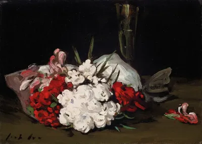 Bouquet Of Red And White Flowers With A Champagne Glass