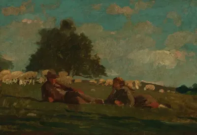 Boy And Girl In A Field With Sheep
