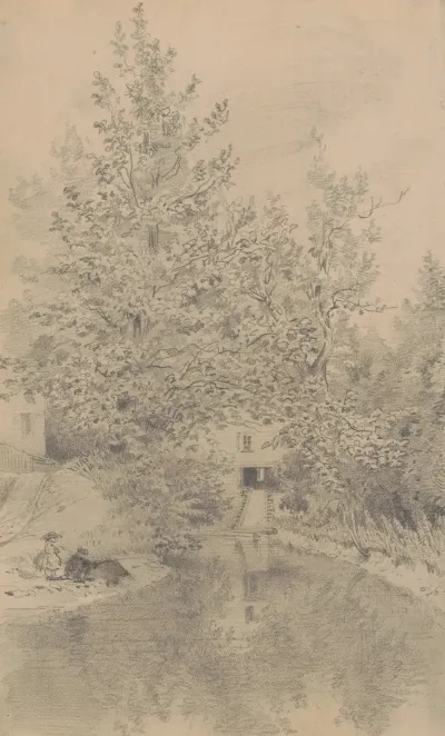 Boy Fishing Beside A Stream While A Girl Watches Over His Shoulder