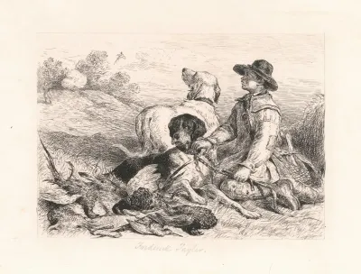 Boy Holding 2 Gun Dogs And Game