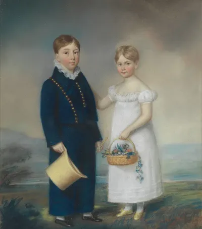 Boy Holding A Hat And Girl Holding A Basket Of Flowers Standing In A Landscape