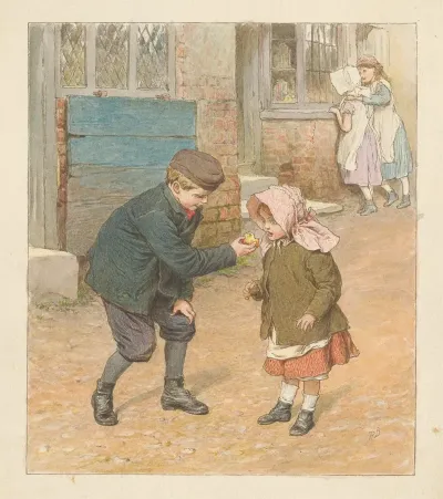 Boy Holding An Apple For A Girl With Two Girls Beyond