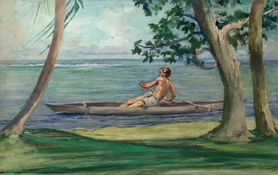 Boy In Canoe Passing In Front Of Our House Vaiala Samoa