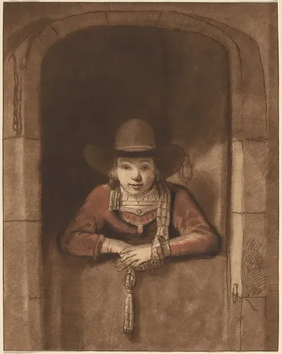 Boy Leaning Over A Lower Door After Rembrandt Van Rijn