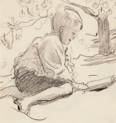 Boy Reading Outdoors
