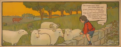 Boy Sitting On A Stone Wall Looking At Sheep