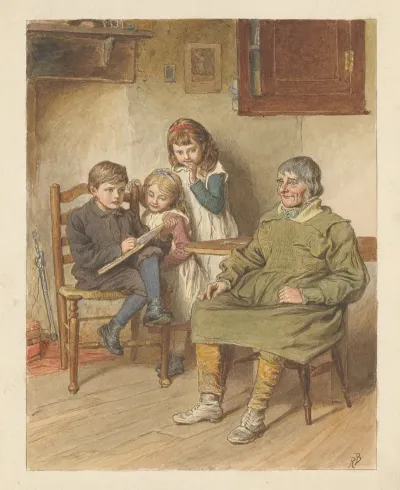 Boy Sketching A Man With Two Girls Watching