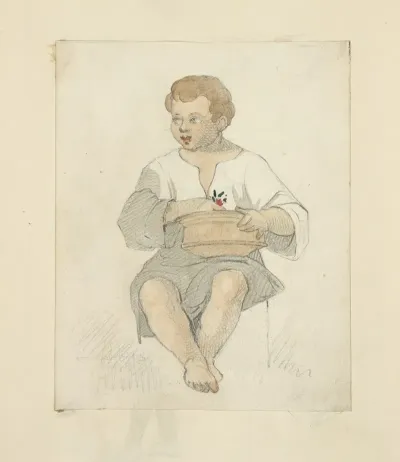 Boy Wearing Tunic With Terra Cotta Bowl In His Lap