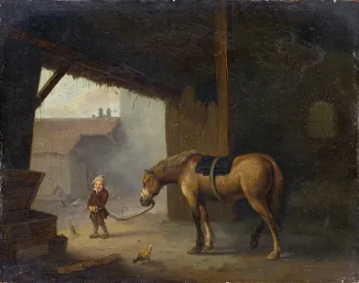 Boy With A Horse In A Stable