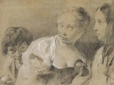 Boy With An Egg Girl With A Hen And A Watching Woman