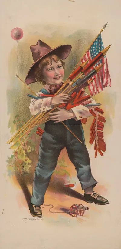 Boy With Fireworks Balloon And Toy Cannon