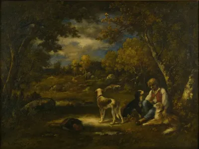 Boy With His Dogs In A Wood
