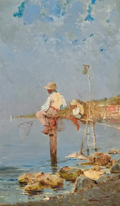 Boys Fishing On The Italian Coast