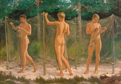 Boys Gathering A Fishing Net