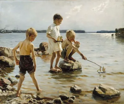 Boys Playing On The Shore Children Playing On The Shore