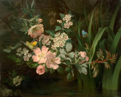 Branchage Daubepine De Rosier Et Vol De Papillons Dans Des Roseaux