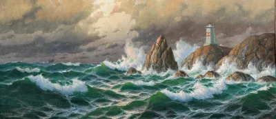 Breaking Waves With Lighthouse In Stormy Weather
