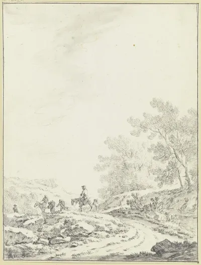 Breiter Weg Mit Ausblick In Eine Offene Landschaft Rechts Buschwerk Links Auf Dem Weg Zwei Reiter Und Drei Fusganger
