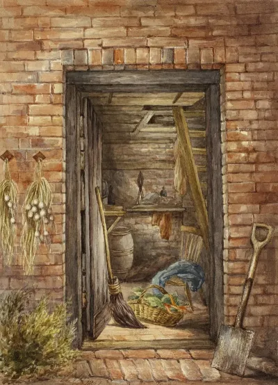 Brick Wall With Open Door And Shovel