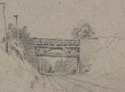 Bridge Over Railroad Tracks With Telegraph Poles On The Left