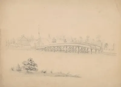 Bridge With Wooden Truss With Houses And A Mill On The Far Side Of The Water Perhaps Related To Ipswich Massachusetts