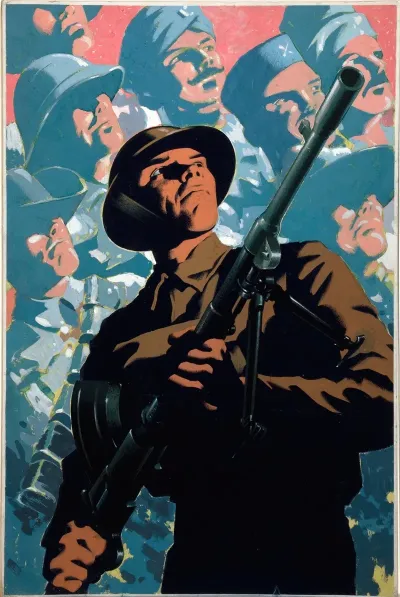 British Soldier With Bren Gun Allied Servicemen In Background