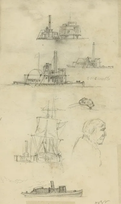 Broadside And Bow Views Of Eight Ships And Boats And An Unidentified Profile Bust Portrait