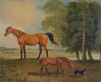 Broodmare With Foal And A Terrier