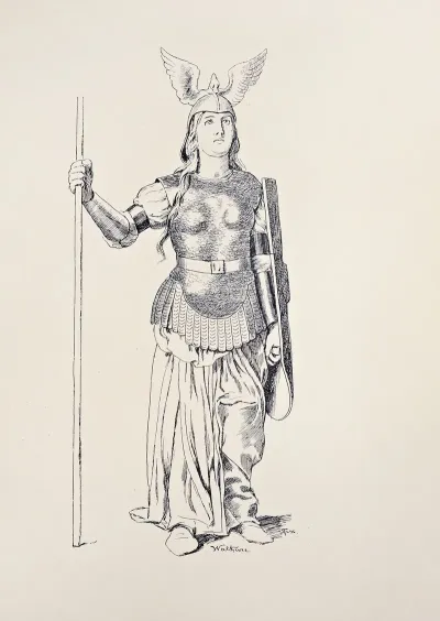 Brunnhilde Weisses Gewand Silberne Rustung Helm Und Waffen