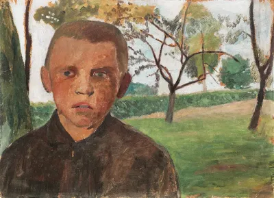 Brustbild Eines Jungen Vor Apfelbaumen