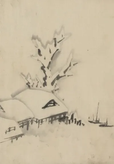 Buildings And Large Tree On The Waterfront With Two Boats Anchored Offshore