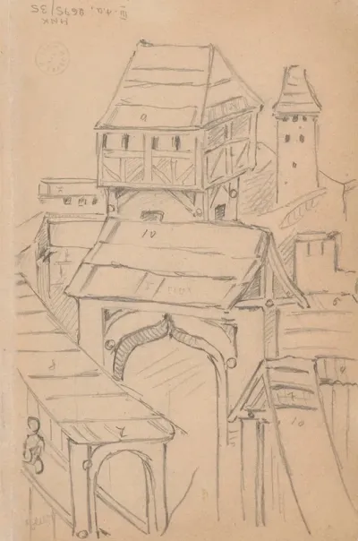 Buildings With Towers And Gates Drawing Of The Bas Relief On The Wing Of The Triptych Of St Stanislaus In The Chapel Of Guardian Angels At St Marys Church In Krakow