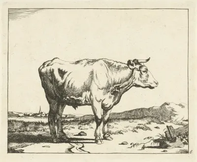 Bull Facing Right With Church Tower In The Background